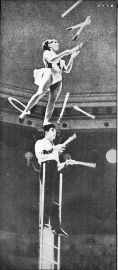 W. and S. Tscherniauskas on the free-standing ladder. (reprinted with permission from '4000 Years of Juggling')