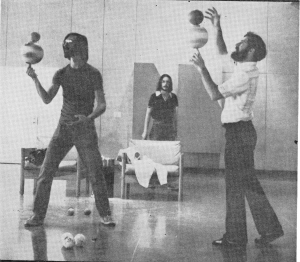 As Chris Kearney watches, MIT jugglers Arthur Lewbel (l) and Andy Rubel spin balls on balls. (Bri Serog photo)