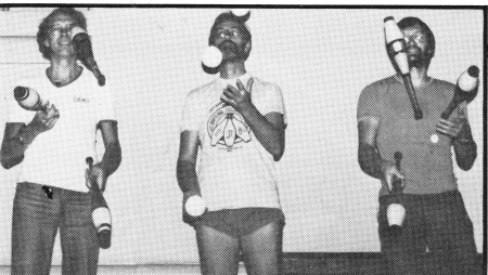 Convention officials take time for a juggle. (l-r) Mr. Fleming, Peter Johansen and Jenx Brix Christiansen, chief organizer of the 1982 European Convention.