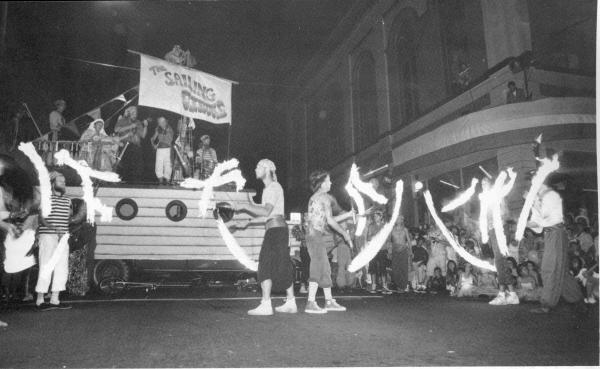 Club Volcano parade jugglers Jeanne Wolf, Graham Ellis, Rick E. Rational, Benji Marantz, Michiel Hesseling, and Michael Martin.