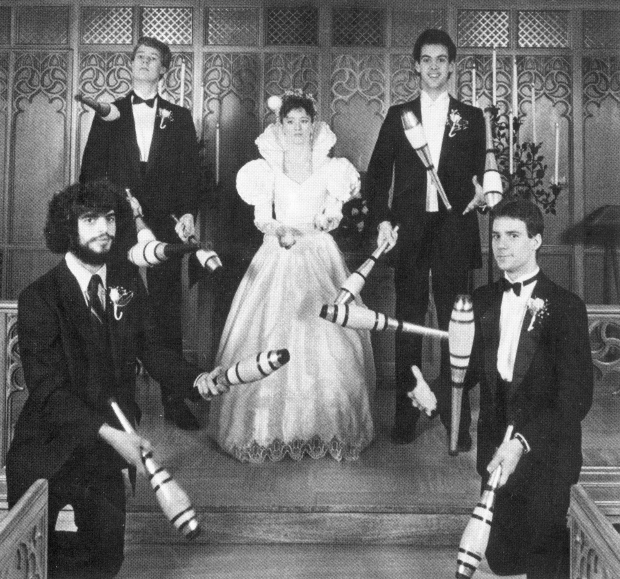 Concerned relatives convinced the bride and groom not to juggle during the ceremony itself, but there was plenty of juggling at the reception after Steve Ragatz and Lisa Byers exchanged gold rings last December 8th in Bloomington, Indiana. (l-r) Rich Remsberg, Kent Phillips, Lisa Byers, Steve Ragatz and Phil Ebeling (Theresa Phillips photo) 