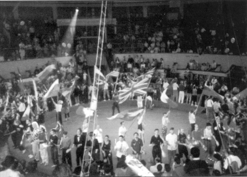 Flags of many nations wave to open Friday's show in the circus building (Cindy Marvell photo)