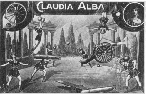 Heavyweight juggling was a popular turn-of-the-century act.  Many of the tricks in Alfredo Marschall's act are illustrated in this poster for Claudia Alba.