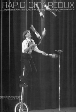 The technical "bar" in the Juniors Championship was raised to a new level by silver medalist Mike Price, who did five clubs on a giraffe unicycle. (David Carper photo)