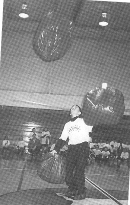 Cory Notestine fills the space above the court with giant bean bags.