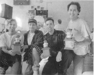 (Bottom Left) Winners at the Groundhog Day juggling festival - (l-r) Eli Wright and Jeff Estes, Charlie Peachok, and Peter Panic (Bill Giduz photo)