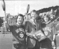 (l-r) Montreal organizer Serge Trempe, McGill University Athletic director Bob Dubeau and IJA organizer Ginny Rose with Mount Royal in the background.