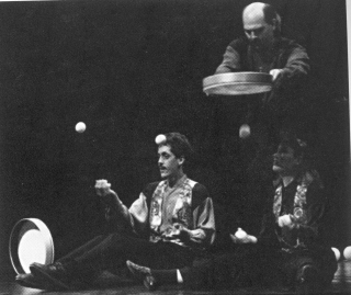 (Above) The team of Darn, Good, and Funny (l-r) Kevin Holman, Paul Phariss and Cindy Marvel, showed their new work with large drum, heads, and balls in the championships.  (David Carper, photo)