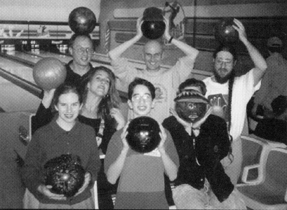 Late-night bowling with (top, l-r) Dave Altman, Ian, Drew Ford and (bottom, l-r) Susanna, Deena Frooman, Daniel Margoles and Temple.
