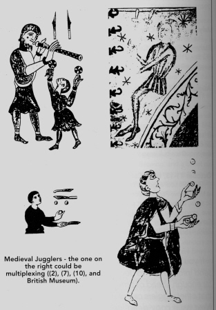 Medieval Jugglers - the one on the right (bottom) could be multiplexing ((2), (7), (10), and British Museum.