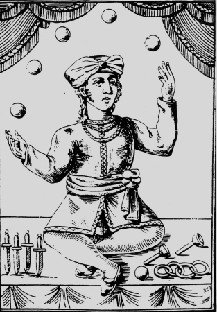 Earliest example I've found of the common modern inaccurate representation of juggling as a single arc of props over widely separated hands, from an 18th century French wood cut (7).