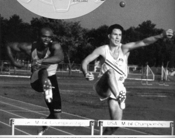 Practicing hurdle joggling with Kris Akabusi, bronze medalist in the 400 meter hurdles in the 1988 Olympics.