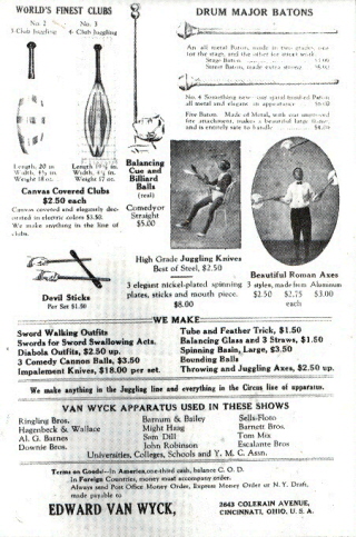 Page from an early Van Wyck juggling equipment catalog.