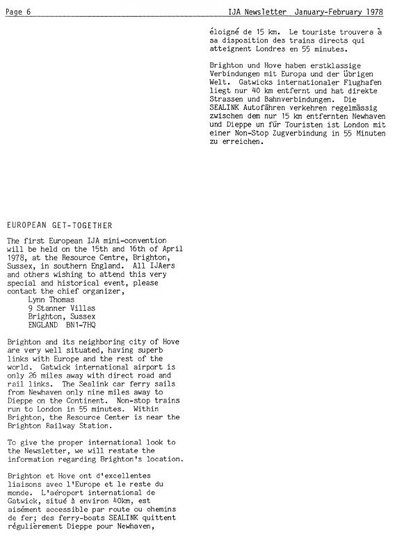 Tri-lingual pre-convention announcement in 1978 IJA Newsletter